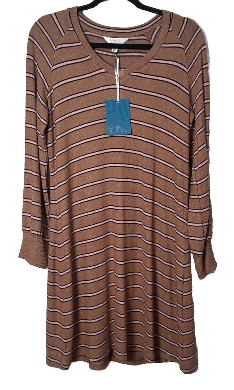 Market & Spruce Women's Tan Pink Striped Long Sleeve Sweater Soft Dress Medium